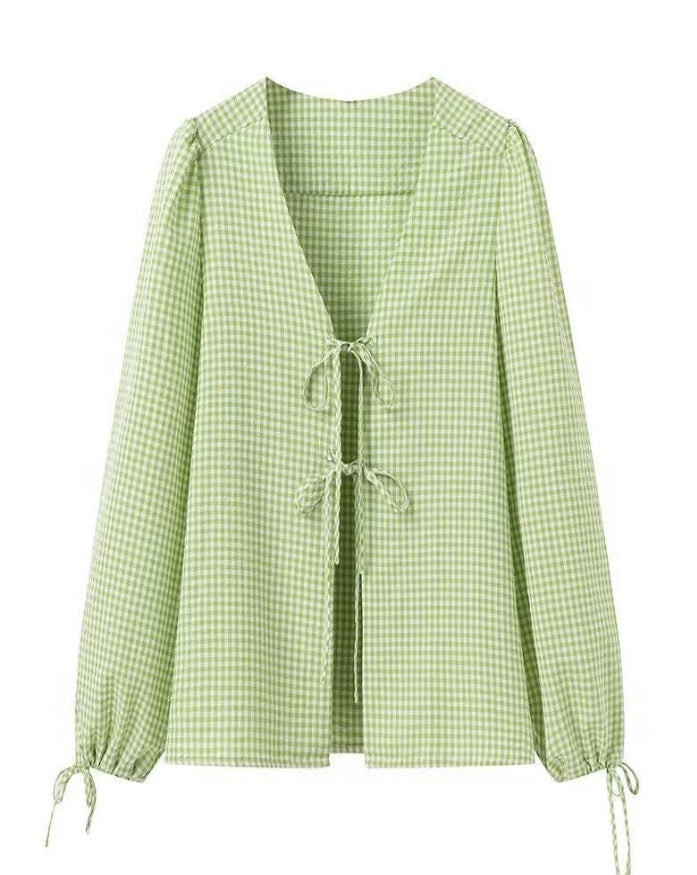 Pistachio Gingham Tie Front Blouse