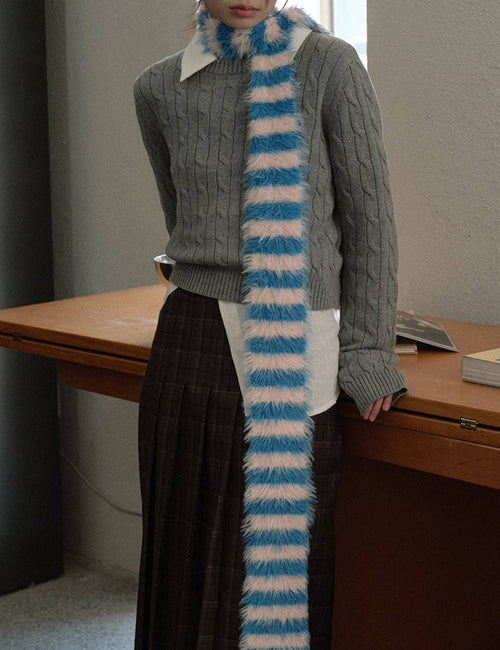 Fuzzy Striped Skinny Scarf