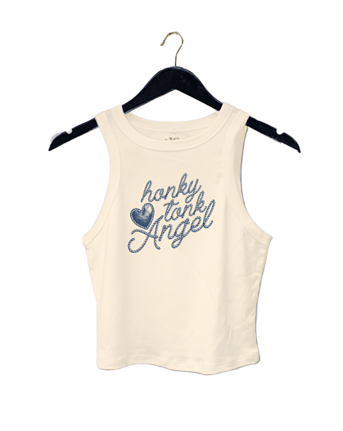 ivory cropped ribbed tank with the words honky tonk angel and a heart graphic