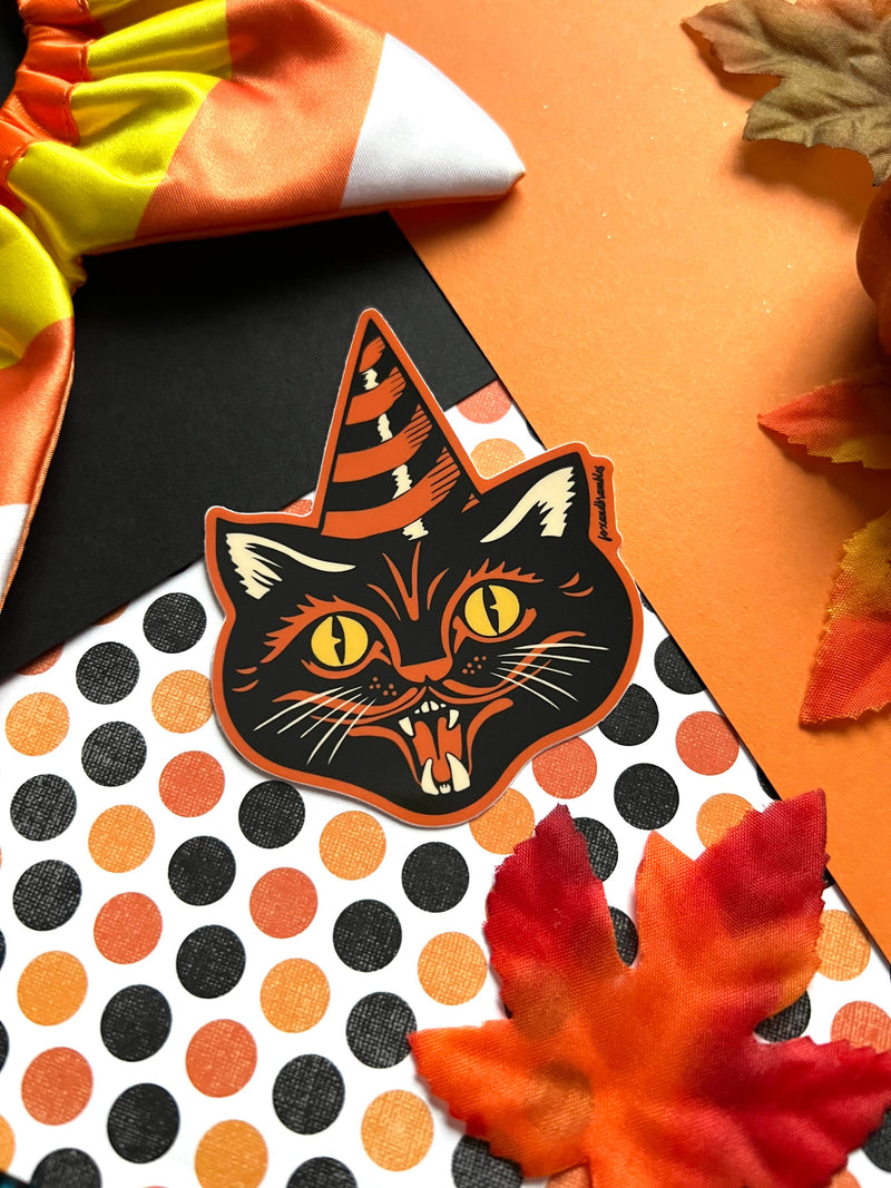 Vintage Halloween Cat Hat Vinyl Sticker