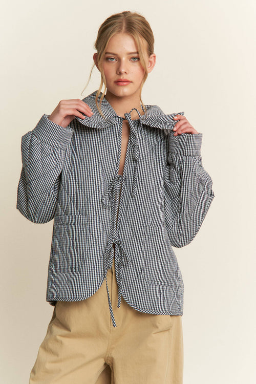 Gingham Collared Tie Front Quilted Jacket
