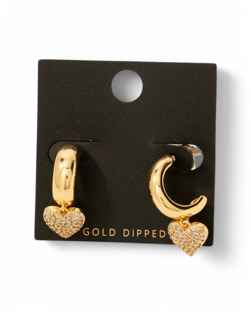 Gold Dipped Cz Pave Heart Charm Hoop Earrings