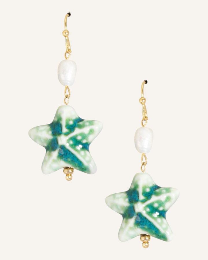 Pearl And Starfish Dangle Hook Earrings
