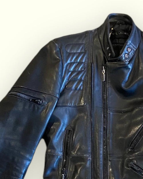 Vintage Black Leather Jacket with Belt Trim