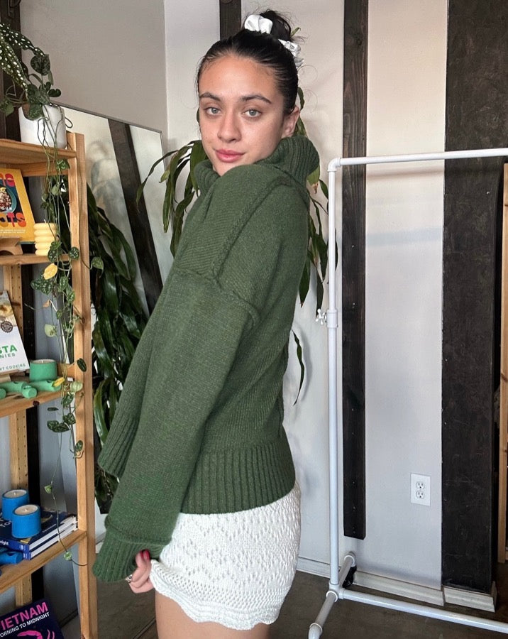 Green Turtleneck Cozy Sweater Top