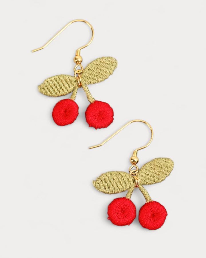 Embroidered Cherry Drop Earrings