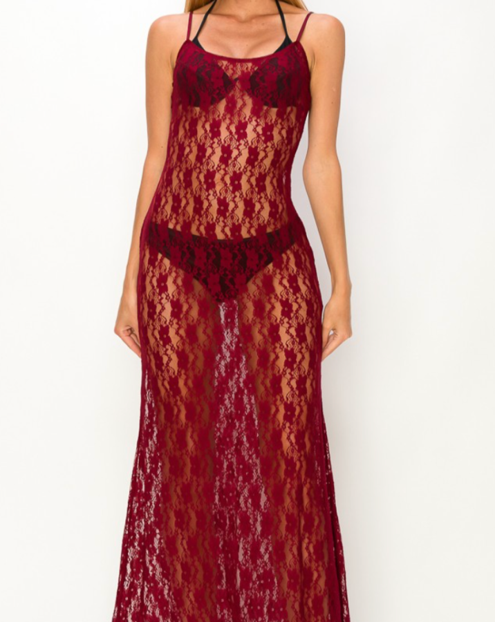 Maroon Lace Spaghetti Slip Dress