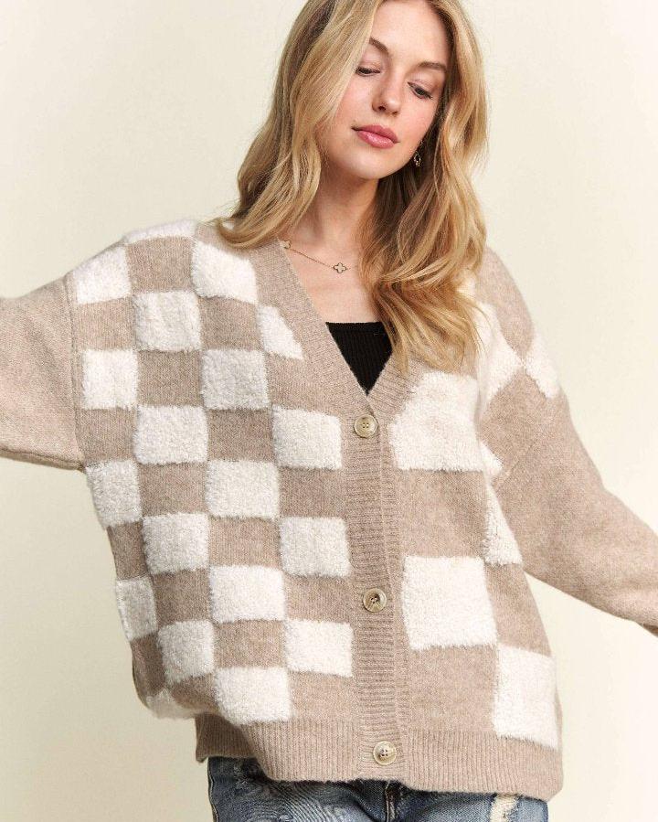 Tan Fuzzy Check Cardigan