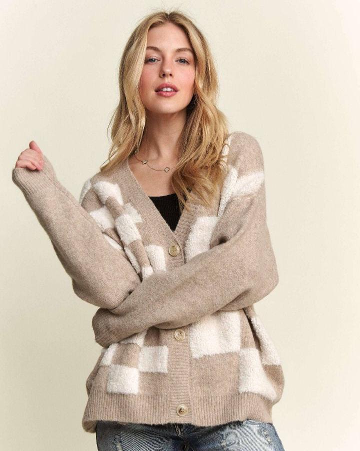 Tan Fuzzy Check Cardigan