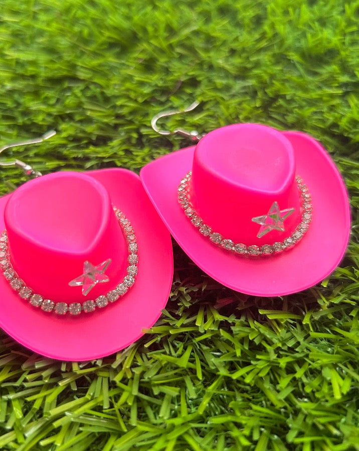 Western Hot Pink Rhinestone Cowboy Hat Earrings